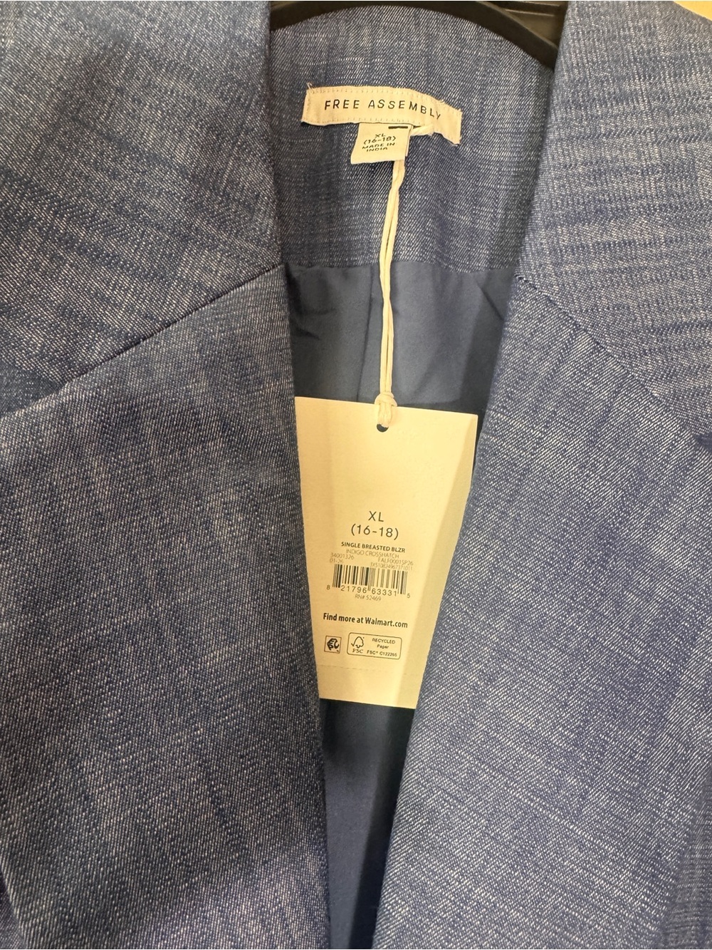 NWT Free Assembly Blue Crosshatch Single-Breasted Blazer Jacket Size XL (16-18) - Picture 4 of 5